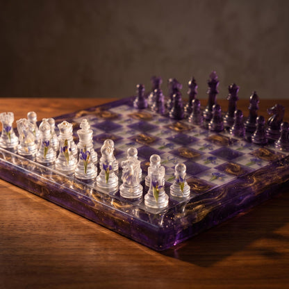 Handmade Purple Resin Chess Set with Floral Epoxy Board and Elegant Artistic Chess Pieces