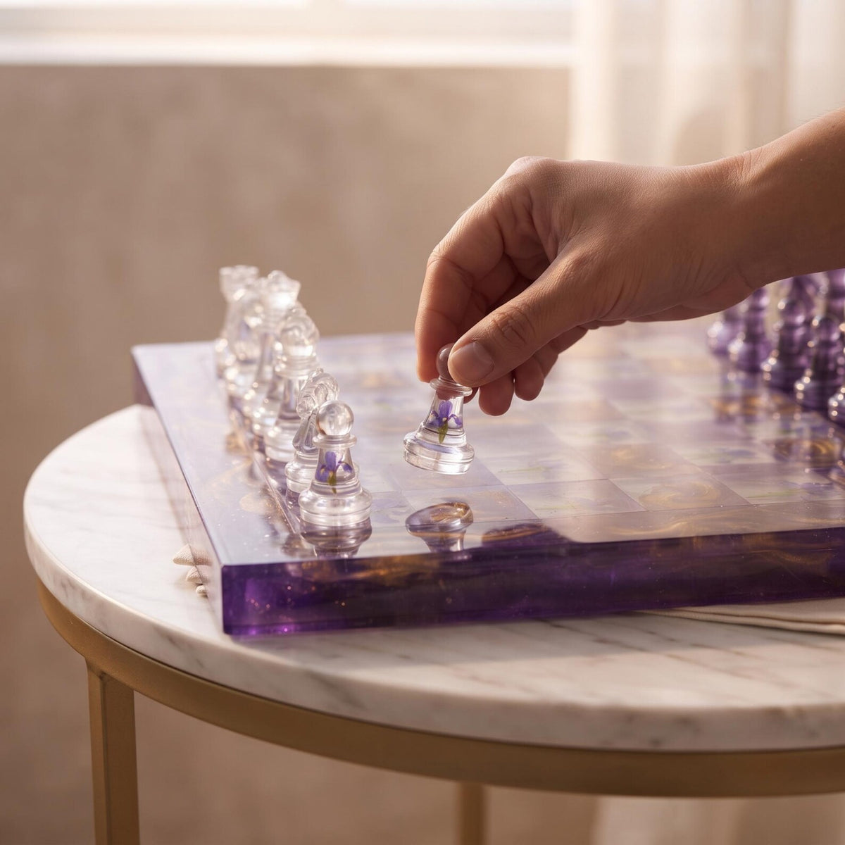 Handmade Purple Resin Chess Set with Floral Epoxy Board and Elegant Artistic Chess Pieces