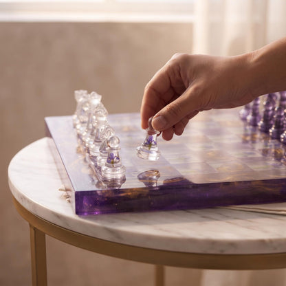 Handmade Purple Resin Chess Set with Floral Epoxy Board and Elegant Artistic Chess Pieces