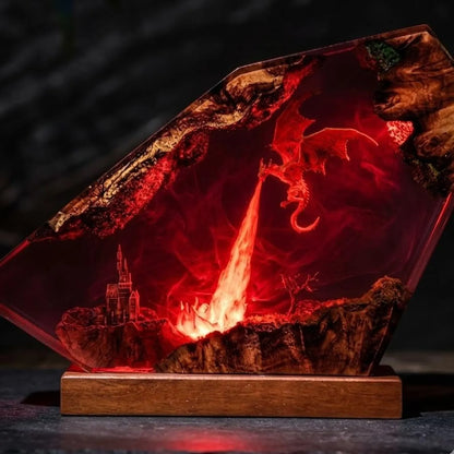 Fire Breathing Dragon Resin Lamp, Handmade Epoxy Diorama Light, Flying Dragon Castle Fantasy Decor