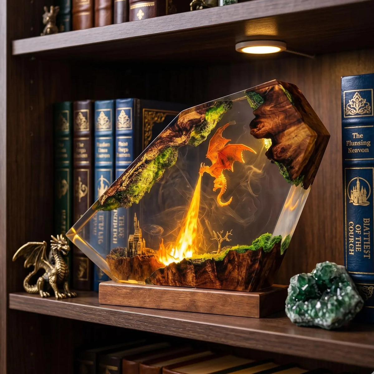 Fire Breathing Dragon Resin Lamp, Handmade Epoxy Diorama Light, Flying Dragon Castle Fantasy Decor