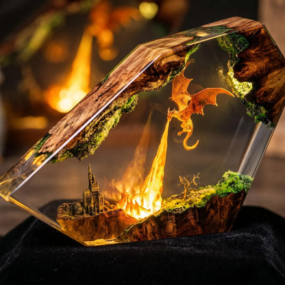 Fire Breathing Dragon Resin Lamp, Handmade Epoxy Diorama Light, Flying Dragon Castle Fantasy Decor