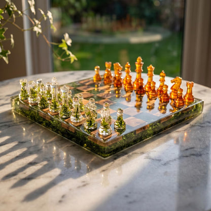 Handmade Moss Wood Resin Chess Set – Clear Resin Pieces and Natural Forest Design