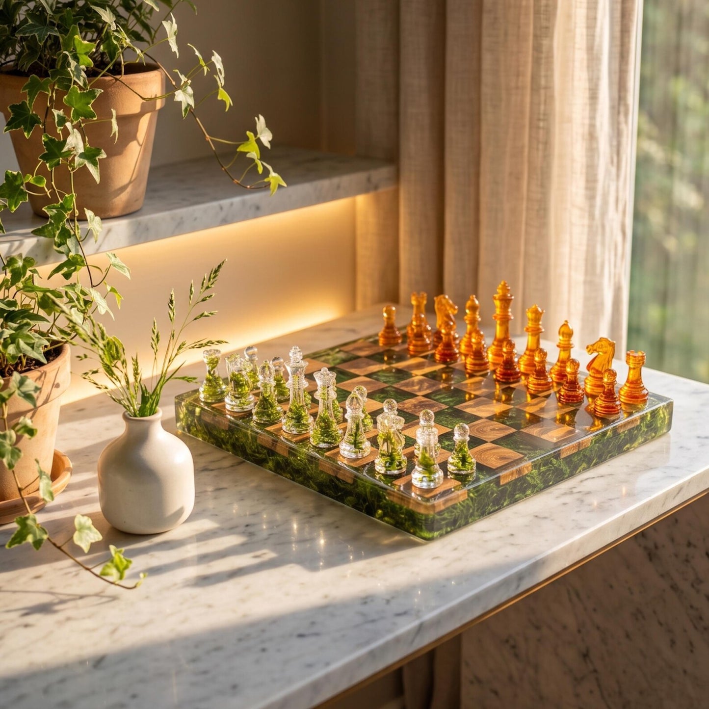 Handmade Moss Wood Resin Chess Set – Clear Resin Pieces and Natural Forest Design