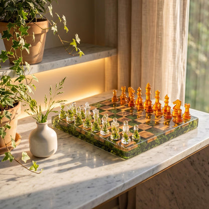 Handmade Moss Wood Resin Chess Set – Clear Resin Pieces and Natural Forest Design