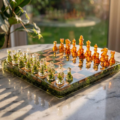 Handmade Moss Wood Resin Chess Set – Clear Resin Pieces and Natural Forest Design