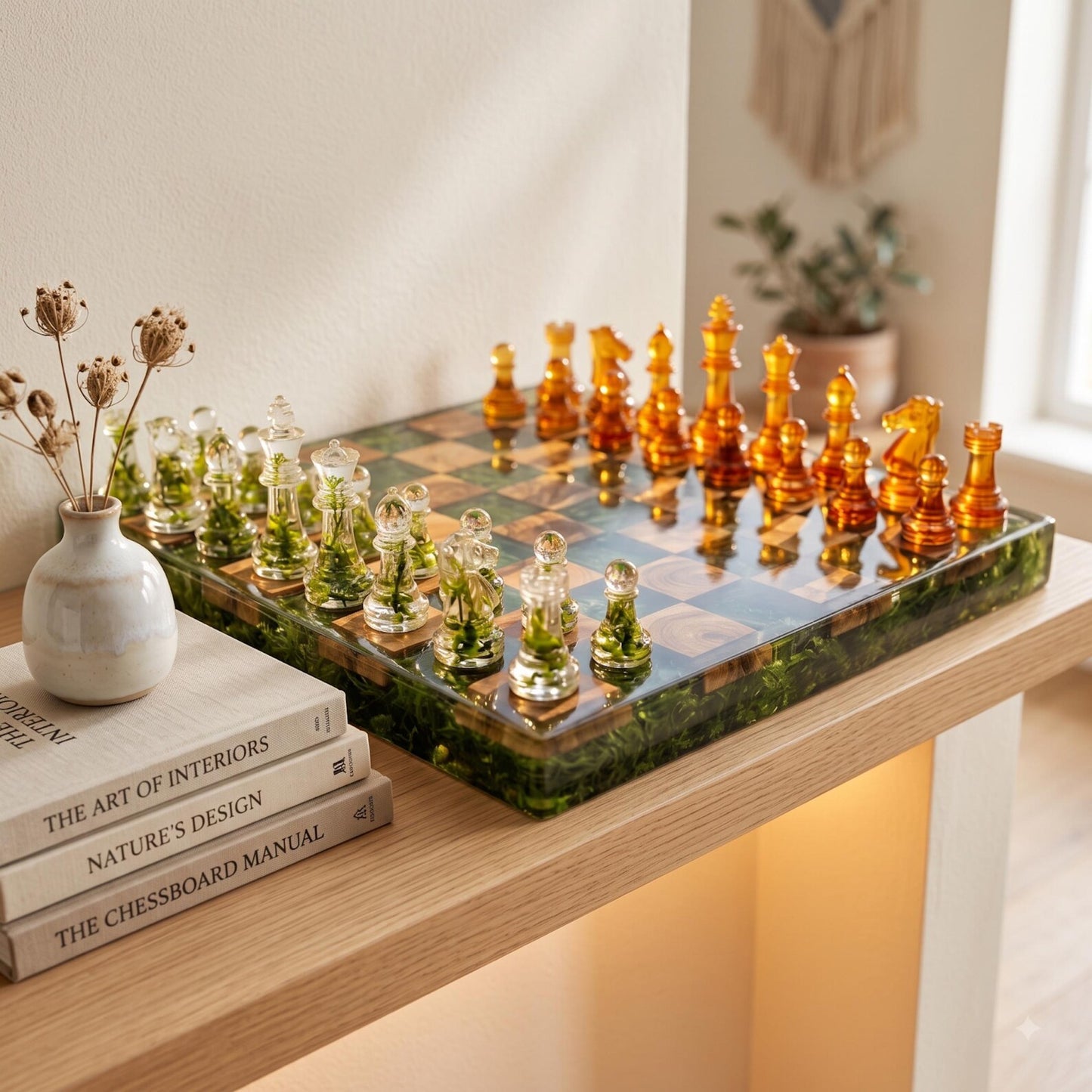 Handmade Moss Wood Resin Chess Set – Clear Resin Pieces and Natural Forest Design