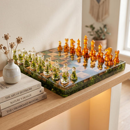Handmade Moss Wood Resin Chess Set – Clear Resin Pieces and Natural Forest Design
