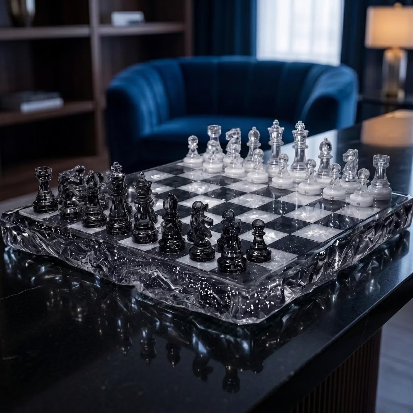 Luxury Black and Clear Resin Chess Set with Silver Glitter Epoxy Board