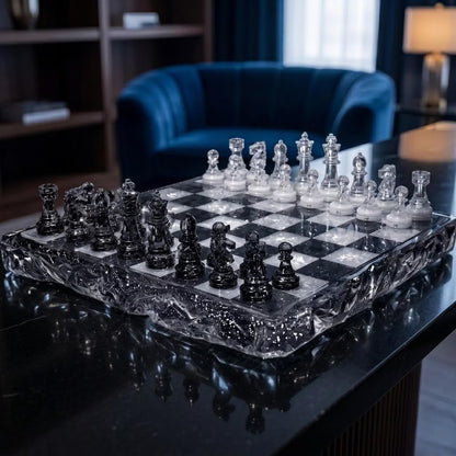 Luxury Black and Clear Resin Chess Set with Silver Glitter Epoxy Board
