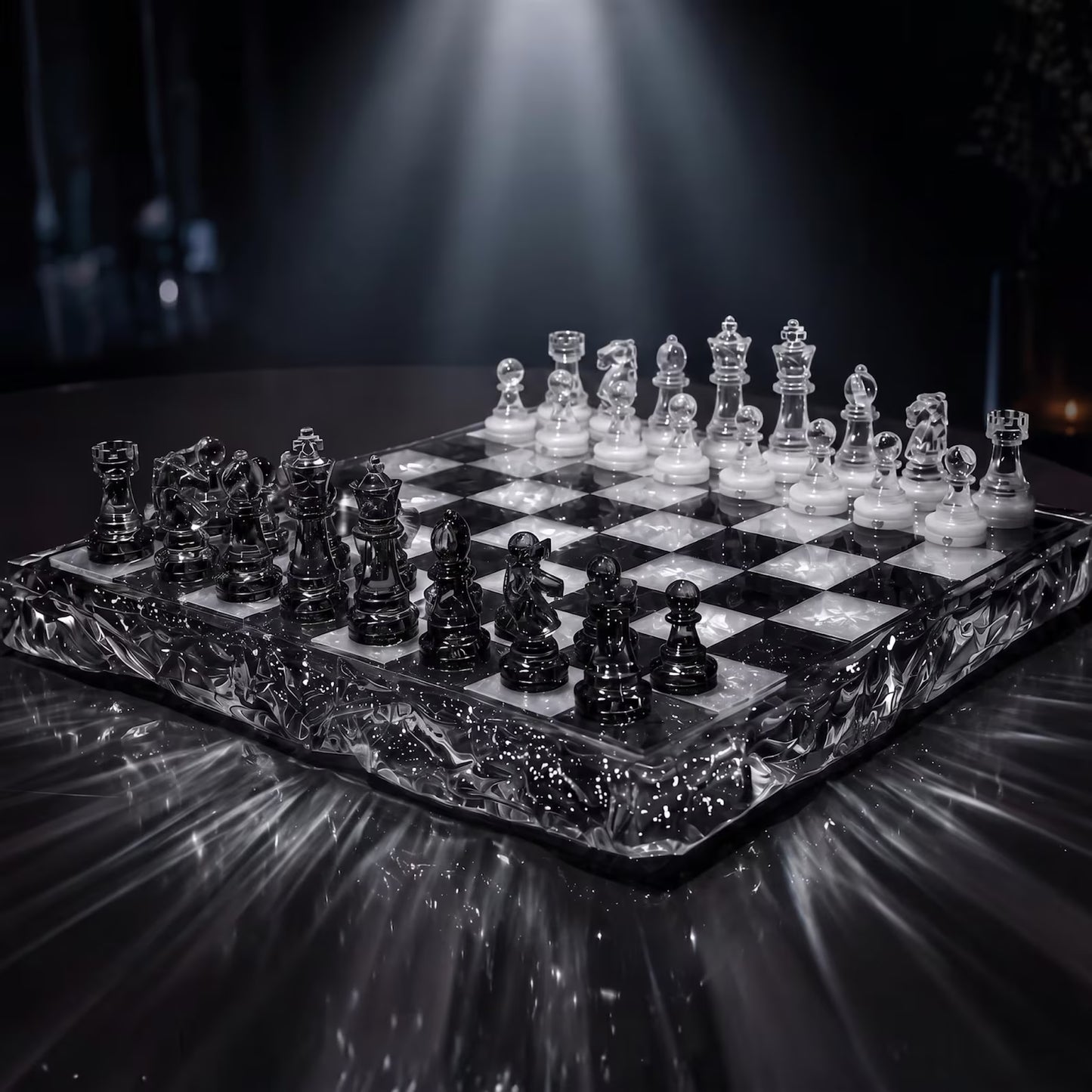 Luxury Black and Clear Resin Chess Set with Silver Glitter Epoxy Board