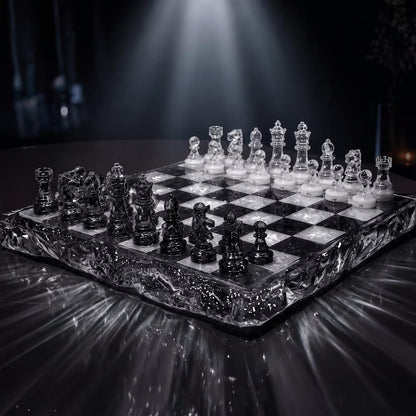 Luxury Black and Clear Resin Chess Set with Silver Glitter Epoxy Board