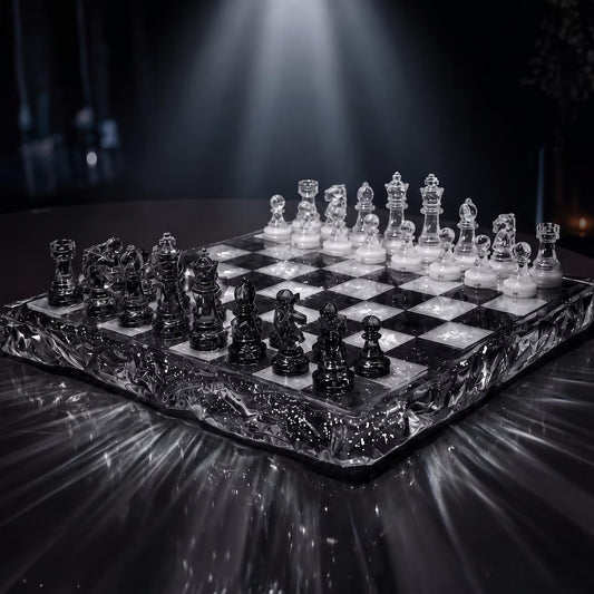 Luxury Black and Clear Resin Chess Set with Silver Glitter Epoxy Board