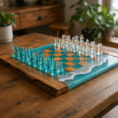 Luxury Ocean Resin Chess Set with Handcrafted Beach Wave Wood Board and Artistic Pieces