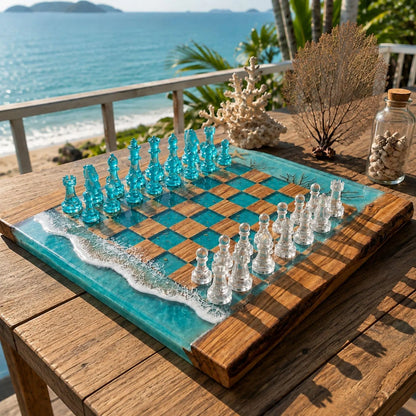 Luxury Ocean Resin Chess Set with Handcrafted Beach Wave Wood Board and Artistic Pieces