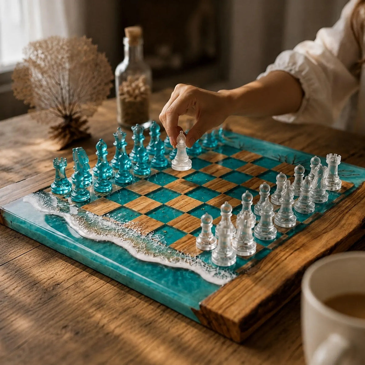 Luxury Ocean Resin Chess Set with Handcrafted Beach Wave Wood Board and Artistic Pieces
