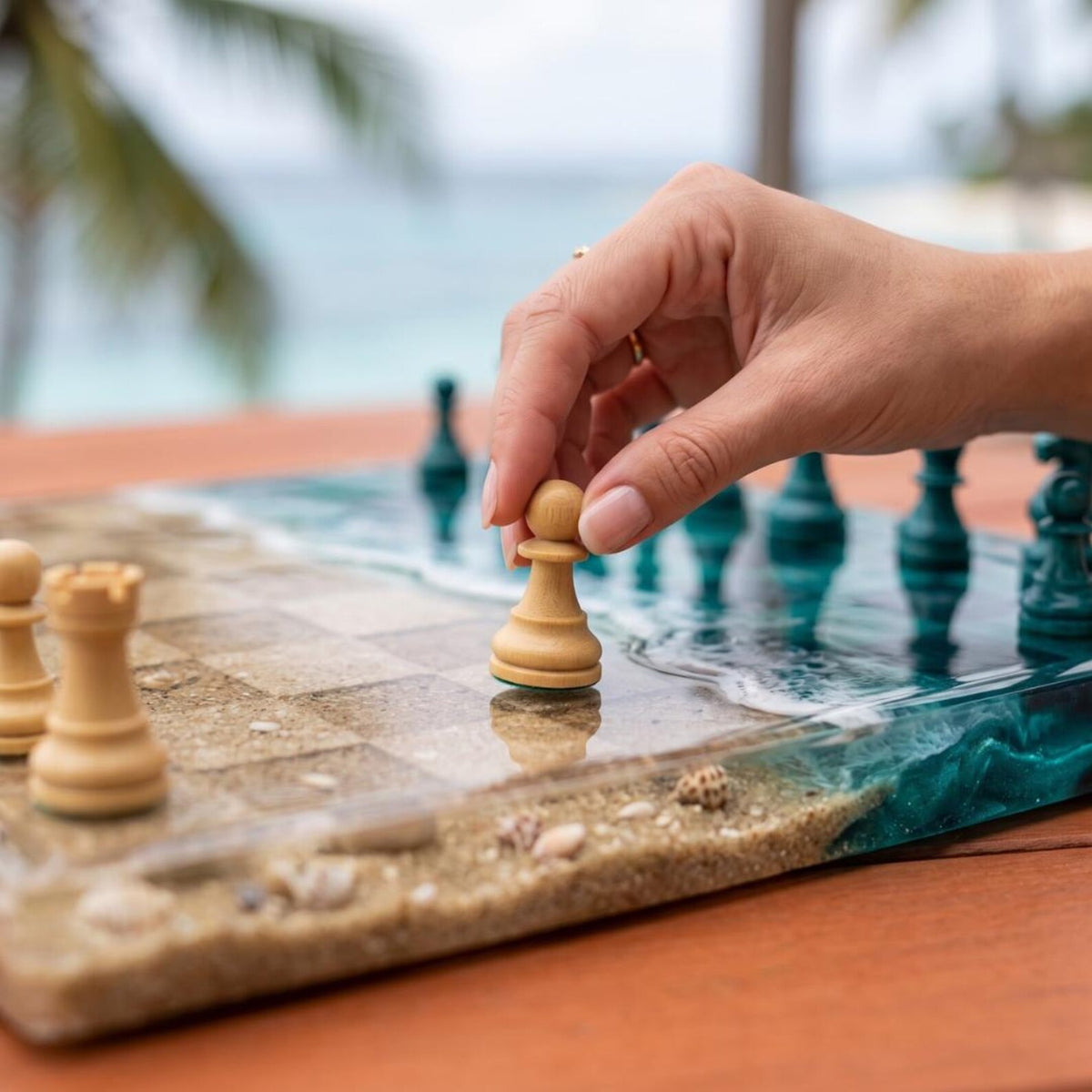 Luxury Ocean Resin Chess Set with Handcrafted Blue Epoxy Board and Natural Wood Details