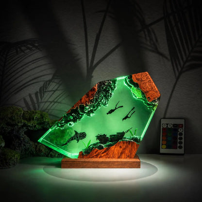 Whale Shark Resin Lamp Scuba Diver Night Light Handmade Ocean Decor Shipwreck Art