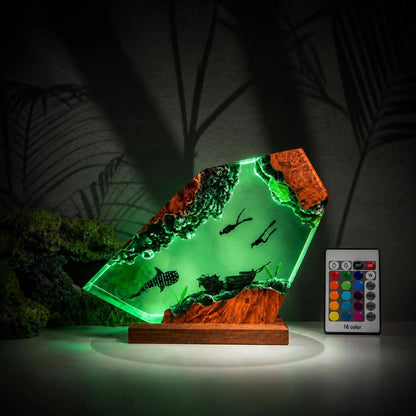 Whale Shark Resin Lamp Scuba Diver Night Light Handmade Ocean Decor Shipwreck Art
