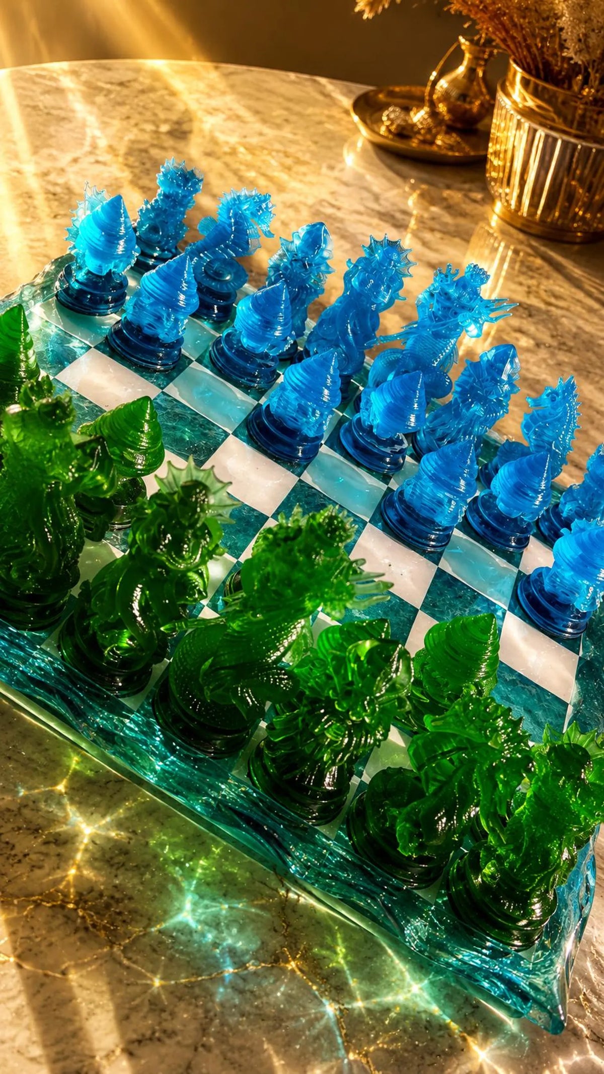 Ocean Iceberg Resin Chess Set with Mermaid Pieces Handmade Wave Board Coastal Design