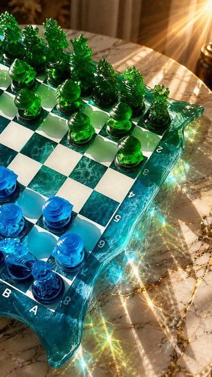 Ocean Iceberg Resin Chess Set with Mermaid Pieces Handmade Wave Board Coastal Design