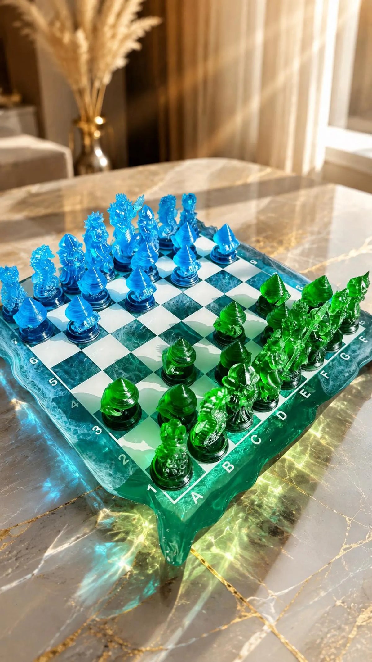 Ocean Iceberg Resin Chess Set with Mermaid Pieces Handmade Wave Board Coastal Design