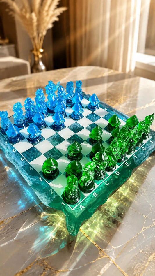 Ocean Iceberg Resin Chess Set with Mermaid Pieces Handmade Wave Board Coastal Design