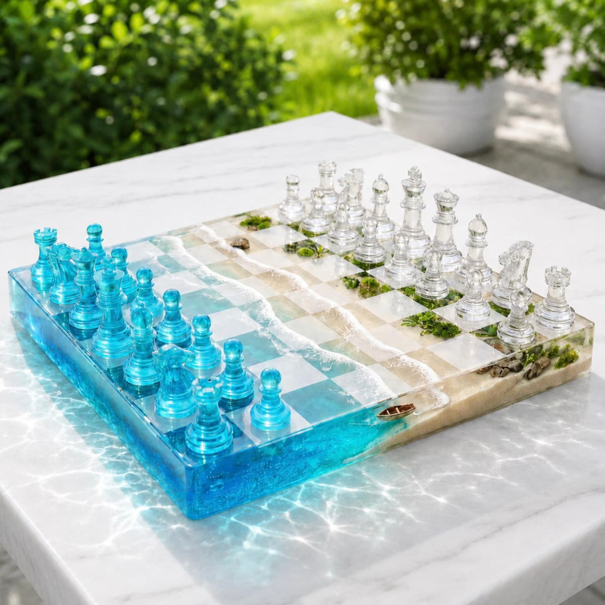 Handmade Ocean Wave Resin Chess Set Coastal Beach Inspired Epoxy Chess Board Design