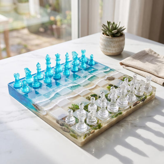 Handmade Ocean Wave Resin Chess Set Coastal Beach Inspired Epoxy Chess Board Design