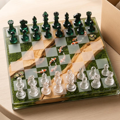 Handmade Koi Pond Resin Chess Set with Moss Wood and Nature Inspired Artistic Board