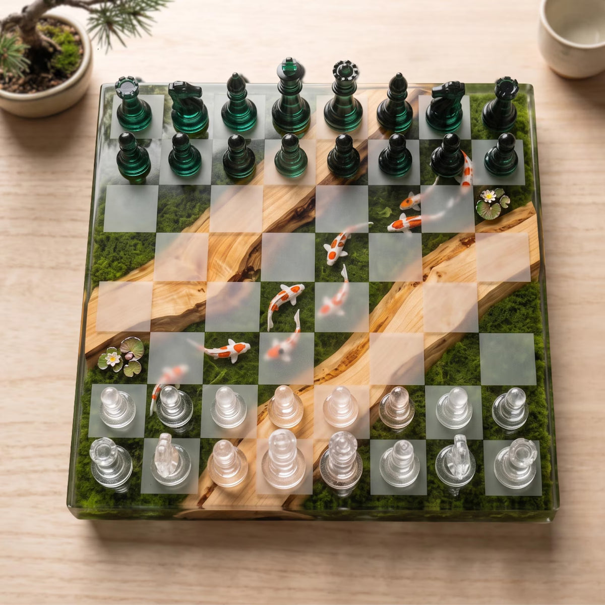Handmade Koi Pond Resin Chess Set with Moss Wood and Nature Inspired Artistic Board