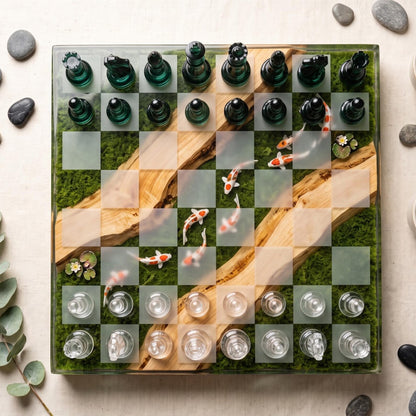 Handmade Koi Pond Resin Chess Set with Moss Wood and Nature Inspired Artistic Board