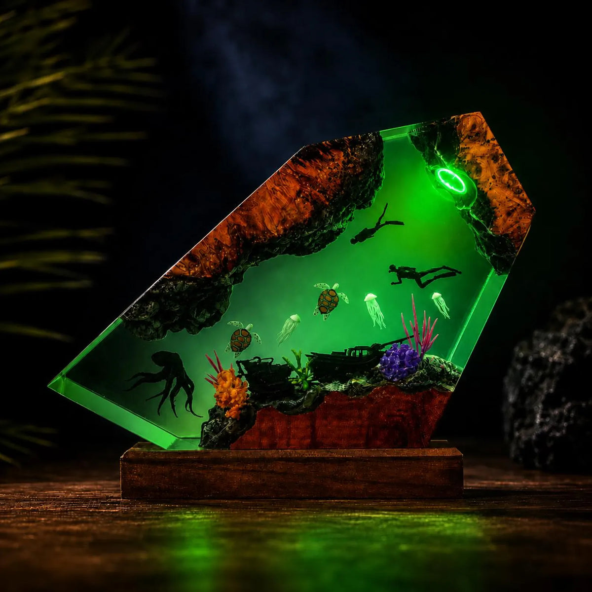 Ocean Resin Lamp Scuba Diver Night Light Sea Turtle Octopus Handmade Underwater Diorama Decor