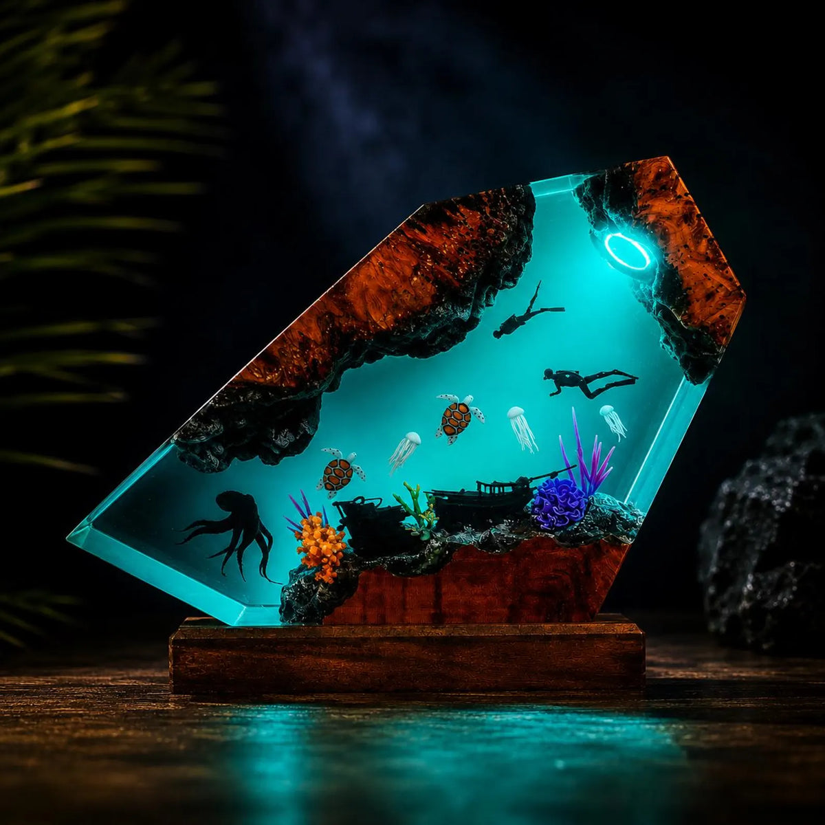 Ocean Resin Lamp Scuba Diver Night Light Sea Turtle Octopus Handmade Underwater Diorama Decor
