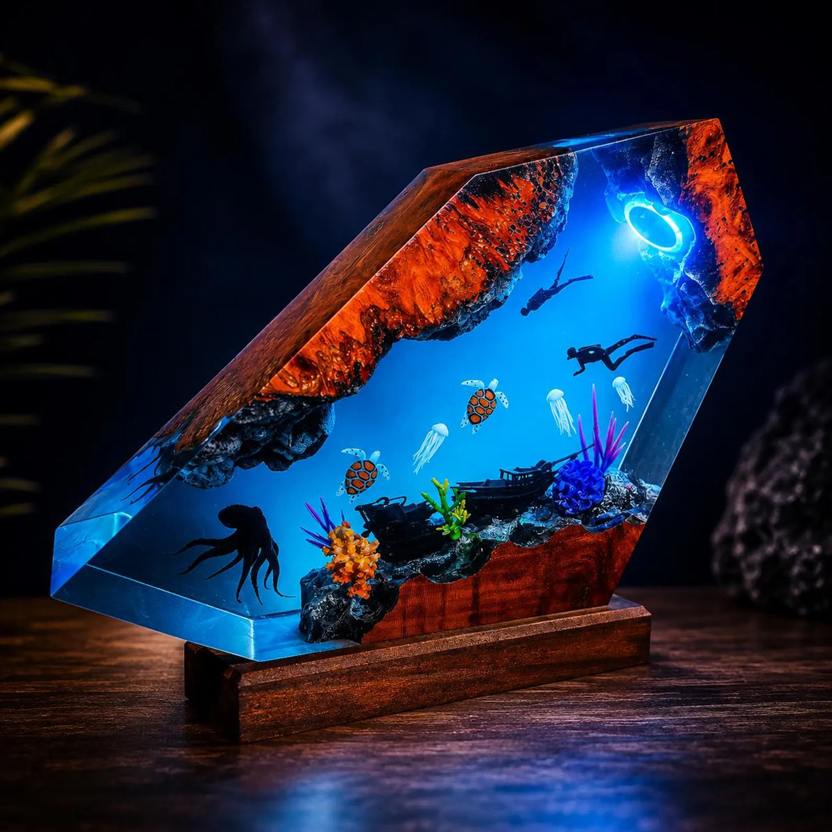 Ocean Resin Lamp Scuba Diver Night Light Sea Turtle Octopus Handmade Underwater Diorama Decor