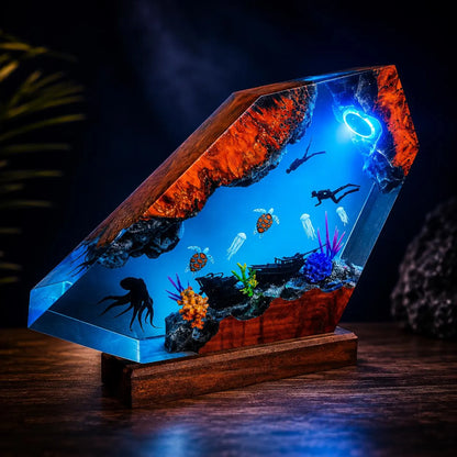 Ocean Resin Lamp Scuba Diver Night Light Sea Turtle Octopus Handmade Underwater Diorama Decor