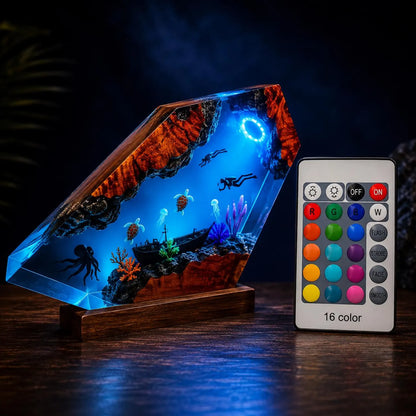 Ocean Resin Lamp Scuba Diver Night Light Sea Turtle Octopus Handmade Underwater Diorama Decor