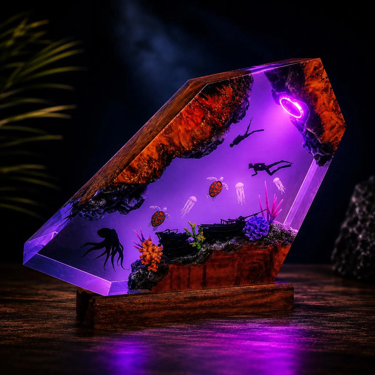 Ocean Resin Lamp Scuba Diver Night Light Sea Turtle Octopus Handmade Underwater Diorama Decor