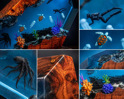 Ocean Resin Lamp Scuba Diver Night Light Sea Turtle Octopus Handmade Underwater Diorama Decor