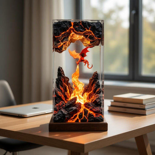Fire Breathing Dragon Resin Lamp, Volcano Cave Diorama, Fantasy Epoxy Night Light, Gamer Desk Decor