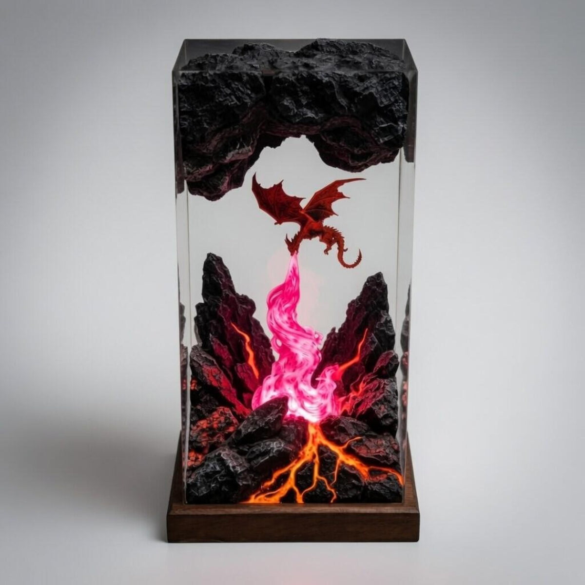 Fire Breathing Dragon Resin Lamp, Volcano Cave Diorama, Fantasy Epoxy Night Light, Gamer Desk Decor