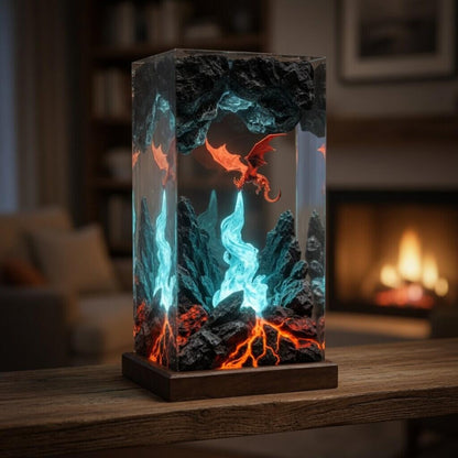 Fire Breathing Dragon Resin Lamp, Volcano Cave Diorama, Fantasy Epoxy Night Light, Gamer Desk Decor