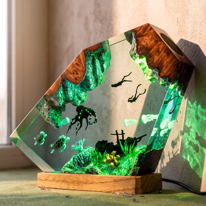 Underwater Octopus Resin Lamp, Sea Turtle Diver Night Light, Ocean Scene, Marine Life Decor