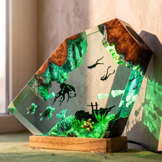 Underwater Octopus Resin Lamp, Sea Turtle Diver Night Light, Ocean Scene, Marine Life Decor