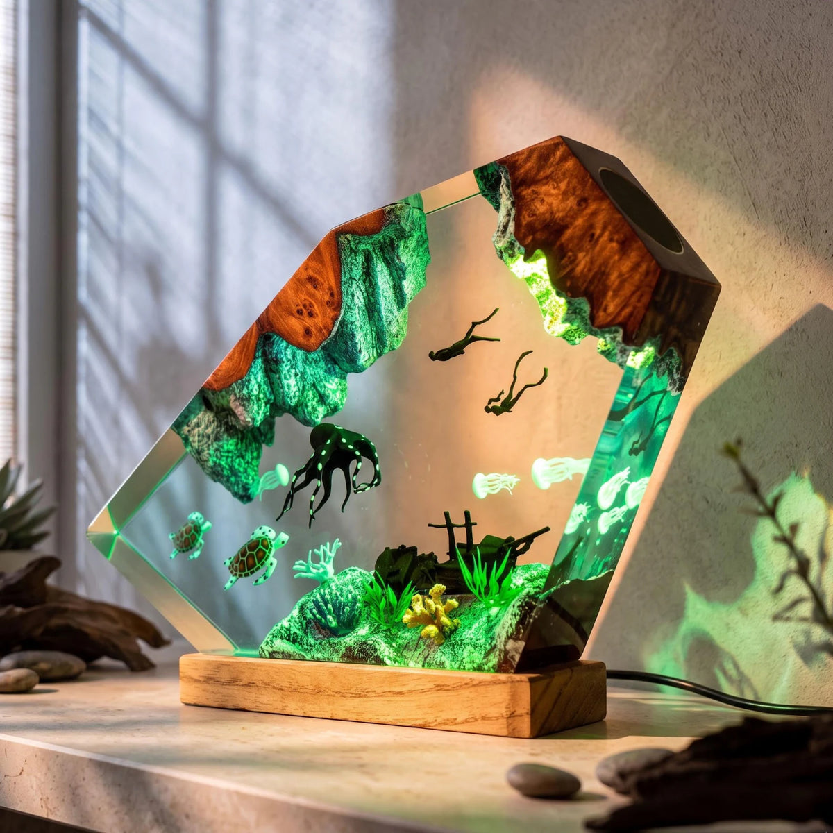 Underwater Octopus Resin Lamp, Sea Turtle Diver Night Light, Ocean Scene, Marine Life Decor