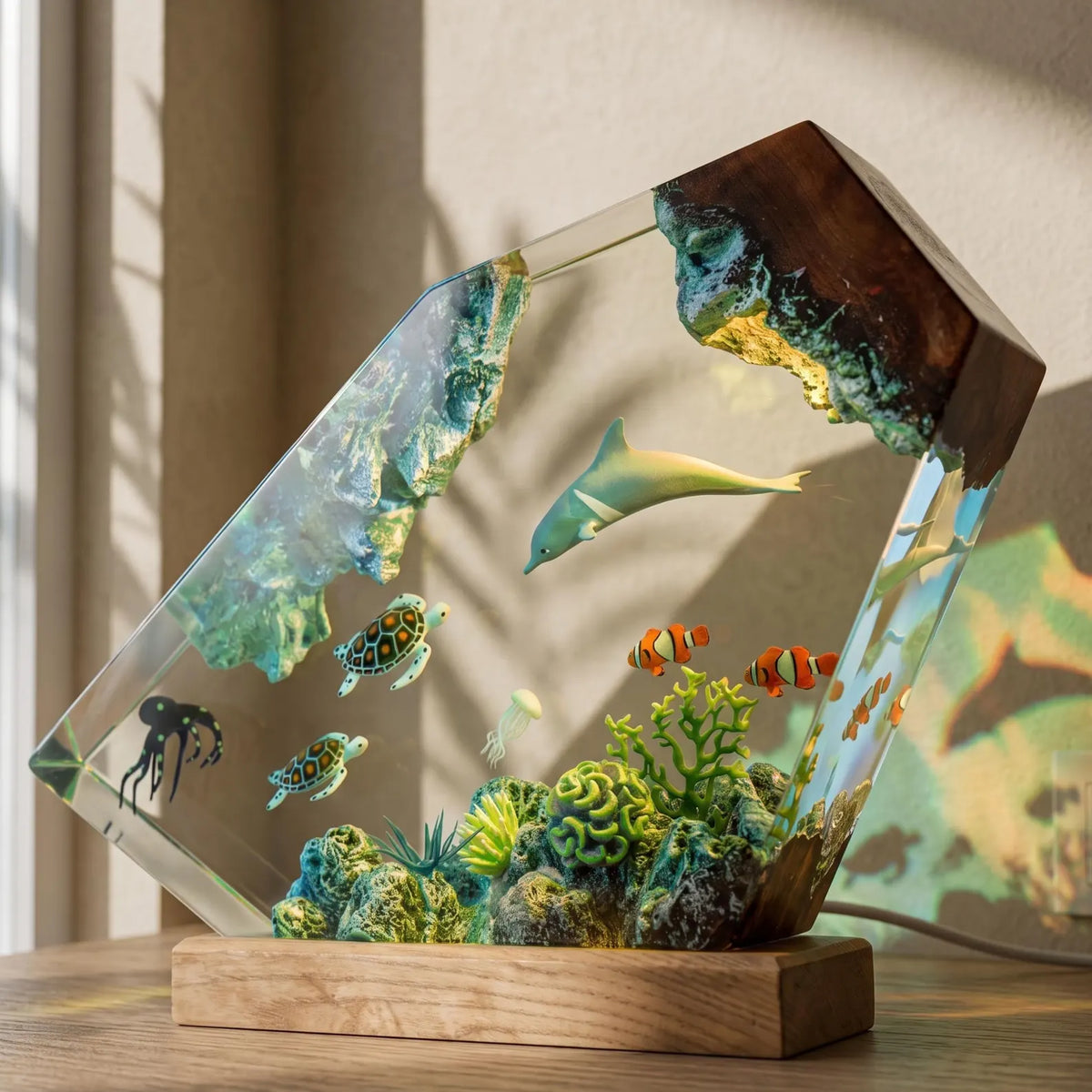 Dolphin Ocean Resin Lamp, Sea Turtle Octopus Night Light, Underwater Marine Life Decor