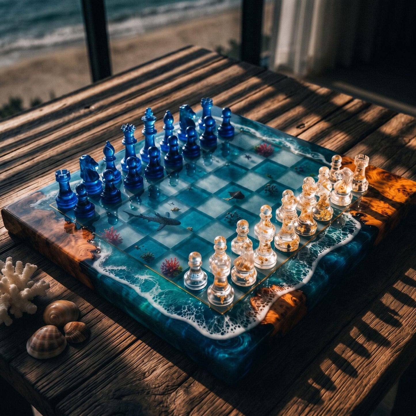 Handcrafted Whale Shark Ocean Resin Chess Set – Luxury Burl Wood Epoxy Chess Board with Pieces