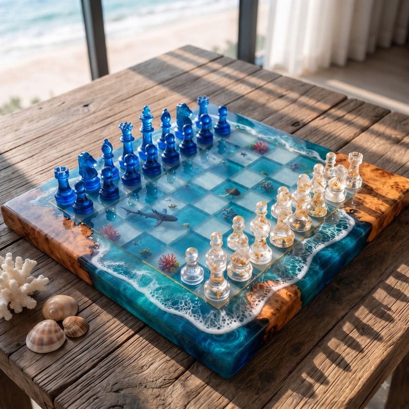 Handcrafted Whale Shark Ocean Resin Chess Set – Luxury Burl Wood Epoxy Chess Board with Pieces
