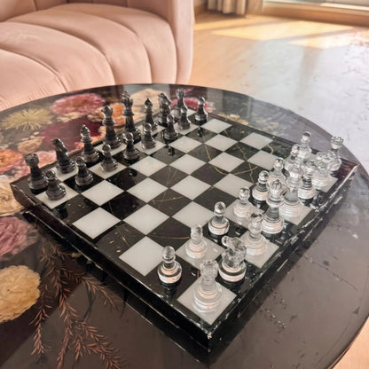 Handmade Epoxy Resin Chess Set with Luxury Wooden Board and 32 Unique Artistic Pieces