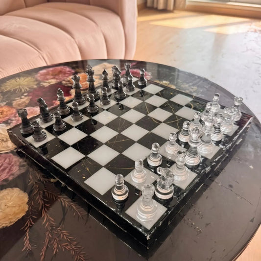 Handmade Epoxy Resin Chess Set with Luxury Wooden Board and 32 Unique Artistic Pieces